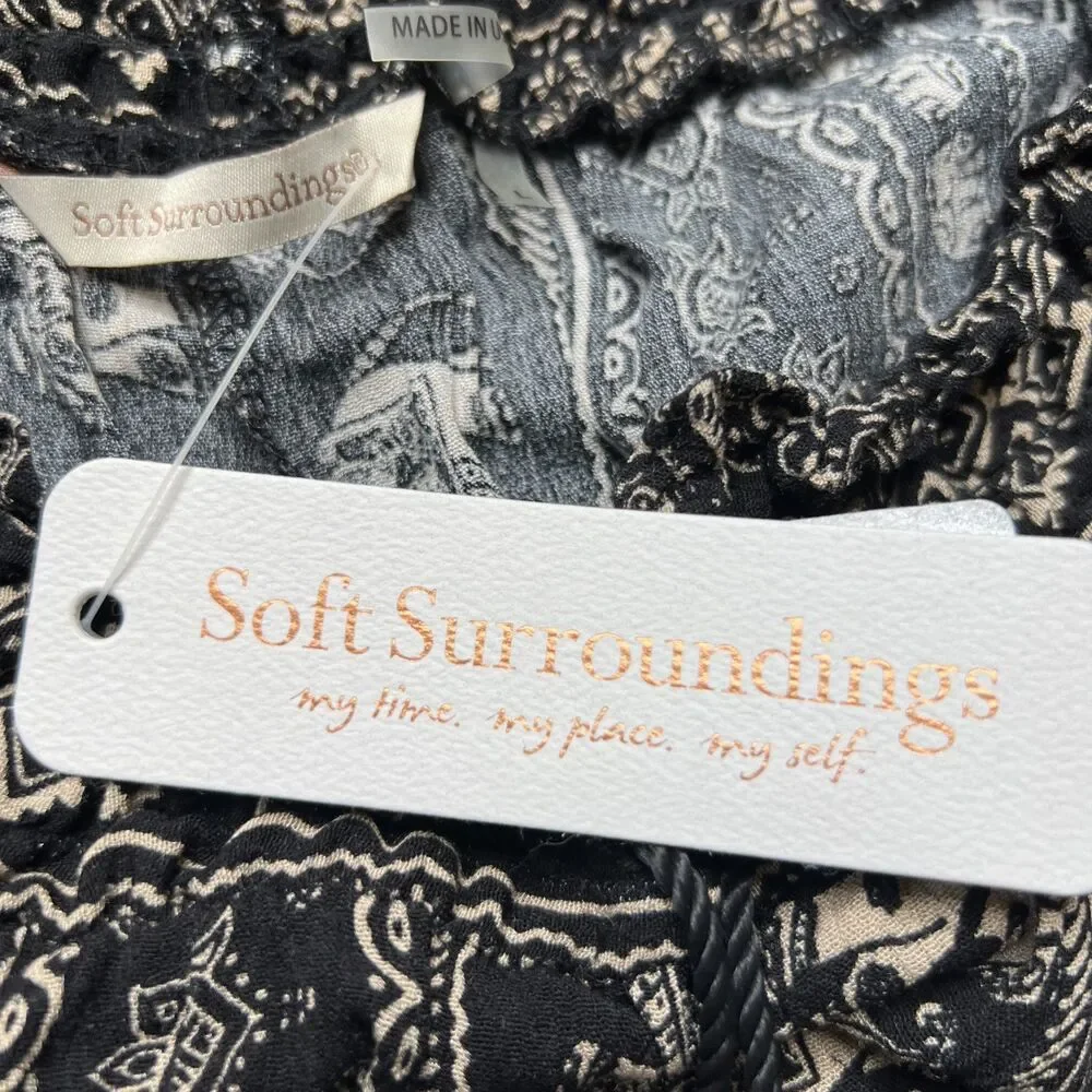 Soft Surroundings Elephant Print Palazzo Pant Black Tan Large Elastic Tassel NWT - Picture 5 of 11